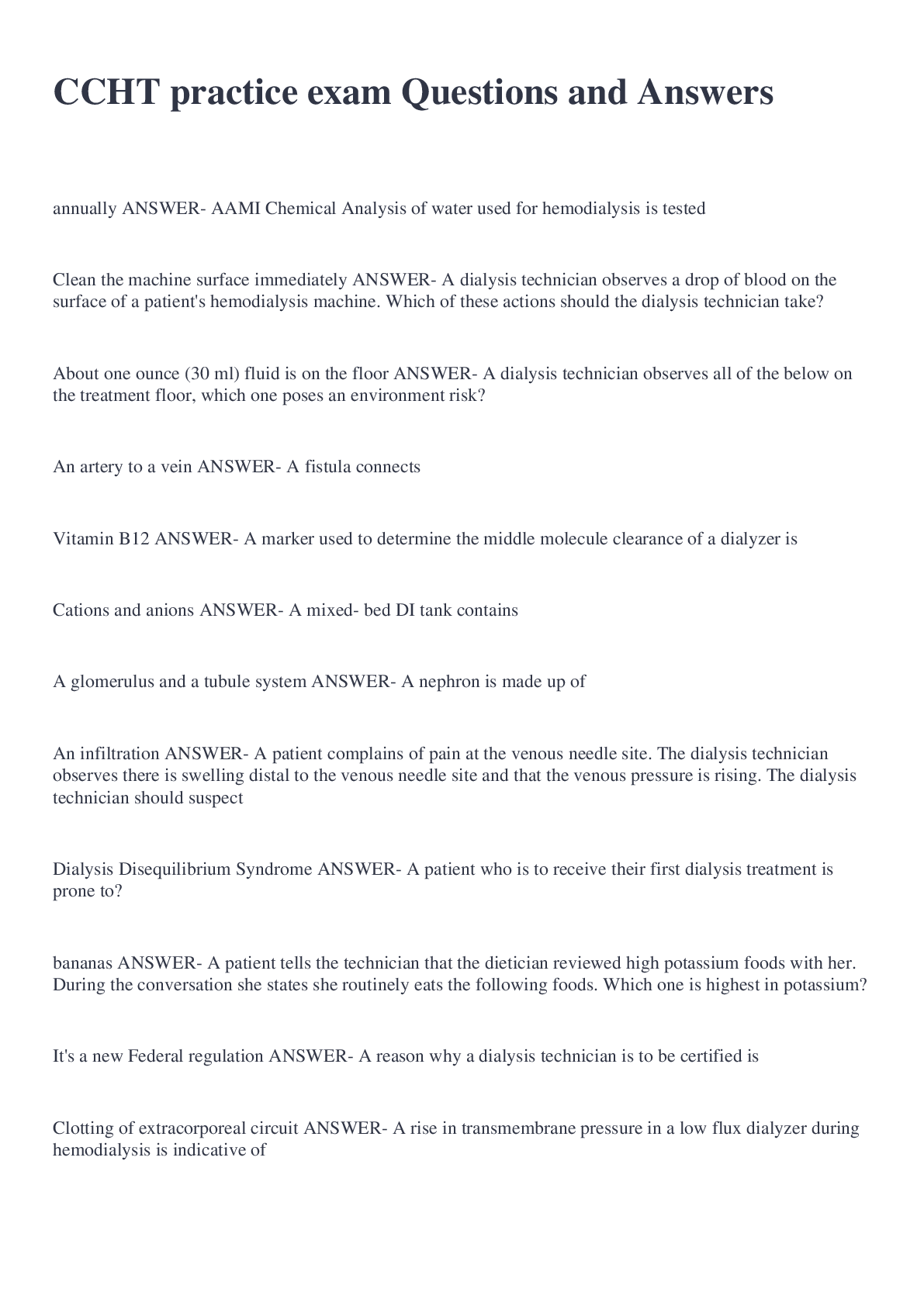 Preview image of CCHT practice exam Questions and Answers document